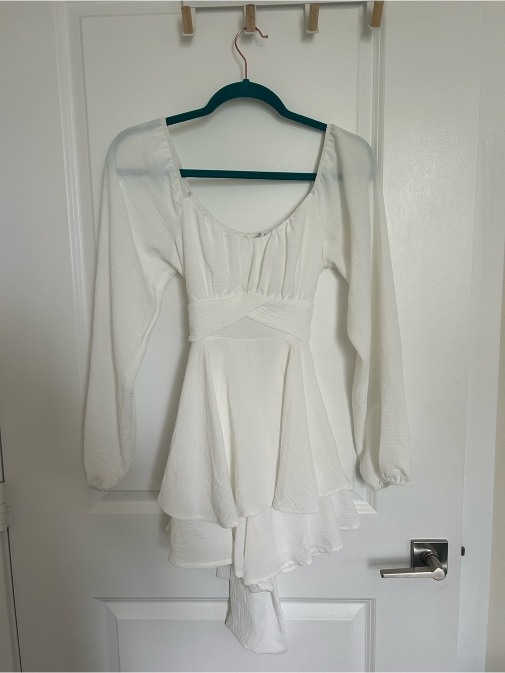 Altar'd State White Long-Sleeve Peplum Tunic with Crisscross Waist